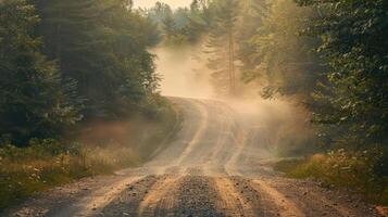 A dusty road winds through a forest, sunlight filtering through the trees. photo