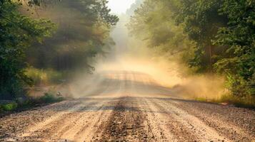 A dusty dirt road winds through a forest, sunlight breaking through the trees and illuminating the path ahead. photo