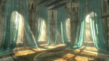 A grand, empty hall with arched windows and flowing green curtains. Sunlight streams in, illuminating the dusty, patterned floor. photo