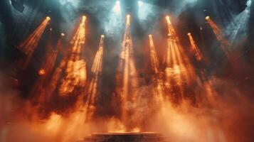 Stage lights illuminating a smoky stage with multiple beams of light. photo