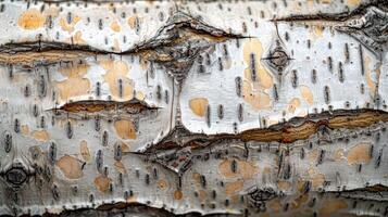 Close-up of a tree bark with white, brown, and black patterns. photo