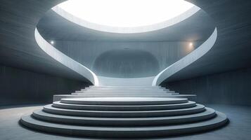 Modern architecture with a circular staircase leading up to a round platform with a skylight overhead. photo