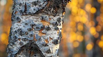 Close-up of birch bark with a blurred background of autumn leaves. photo