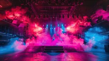Empty stage with colorful lighting and smoke. photo