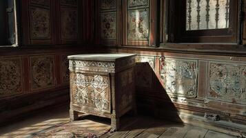 Ornate wooden cabinet in a sunlit room with patterned walls and a rug. photo