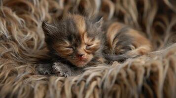 A tiny calico kitten sleeps peacefully on a soft, fluffy blanket. photo