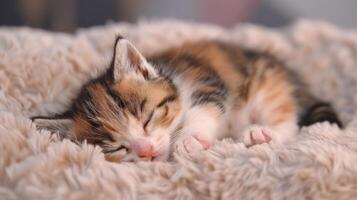 A tiny calico kitten sleeps soundly on a soft, fluffy blanket. photo