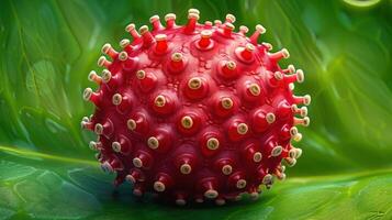 Close-up of a red virus particle with spikes on a green leaf background. photo