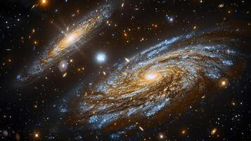 Two spiral galaxies in deep space, with swirling arms and bright cores, surrounded by a field of stars. photo