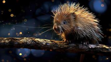 A cute porcupine with quills standing on a branch in a dark forest with bokeh effect. photo