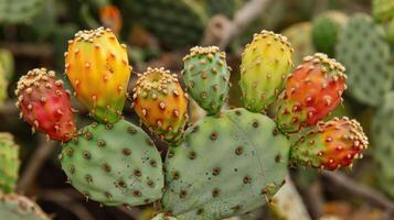 A close-up of a prickly pear cactus with several ripe fruits. photo