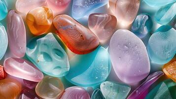 A collection of smooth, colorful glass stones with various patterns, arranged on a white background, illuminated by soft, natural light. photo