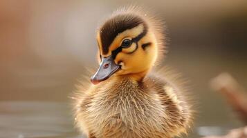 A close-up portrait of a cute baby duckling with soft brown and yellow feathers, looking at the camera with a curious expression. photo