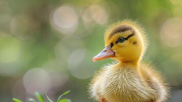 Close-up of a cute baby duckling with soft yellow feathers and a pink beak, looking to the side against a blurred green background. photo