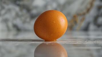 A single brown egg on a white marble surface, with its reflection visible below. photo