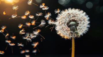 A dandelion with seeds blowing in the wind against a dark background with a sunburst. photo