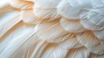 Close-up of soft, delicate white feathers with a hint of pink, creating a textured background. photo