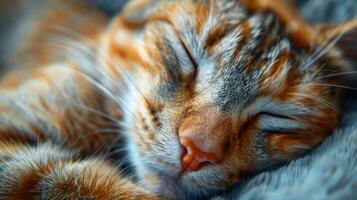 Close-up of a sleeping cat with its eyes closed, its orange and white fur visible. photo