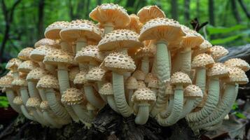 A cluster of white mushrooms with brown spots growing on a fallen log in a forest. photo