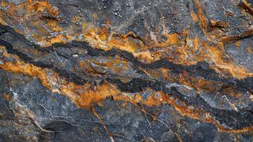 Close-up of a textured rock surface with streaks of orange and black. photo
