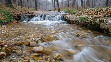 A small waterfall cascades over rocks in a stream. The water is clear and flowing, and the surrounding forest is bare. photo