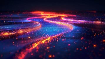Abstract background with glowing particles and light trails in a wavy motion. photo