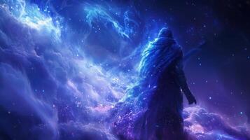 A lone figure stands silhouetted against a backdrop of vibrant nebulae and twinkling stars, their cloak flowing with the cosmic energy. photo