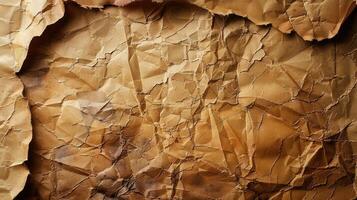 Close-up of crumpled, weathered, and aged brown paper with visible lines and texture. photo