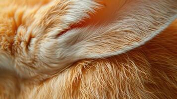 Close-up of a soft, fluffy orange and white rabbit ear. photo