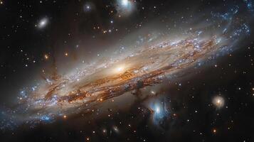 A spiral galaxy with a bright core and numerous stars visible in the surrounding space. photo