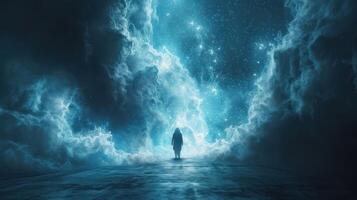A solitary figure stands on a reflective surface, surrounded by ethereal clouds, beneath a celestial sky. photo