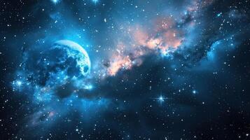A blue planet in a vast starry sky with nebulae and swirling clouds. photo