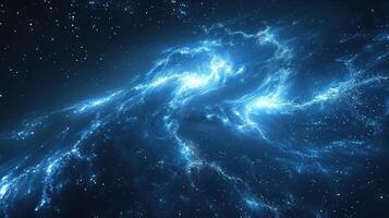A cosmic nebula glows with vibrant blue light, creating a stunning display of celestial beauty. The intricate patterns of gas and dust resemble a swirling, ethereal cloud. The background is dotted with countless stars, adding to the majestic spectacle. photo