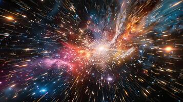 A vibrant nebula with streaks of light and color, simulating a cosmic explosion. photo