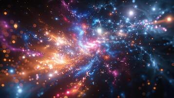 Abstract swirling nebula with vibrant colors and sparkling lights against a dark background. photo