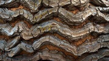 Closeup of wavy, cracked bark on a tree trunk. photo
