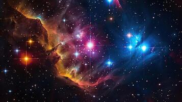 A vibrant nebula, with swirling clouds of gas and dust, illuminated by bright stars in the vast expanse of space. photo