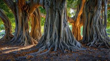 A group of ancient banyan trees with intricate roots and trunks reaching towards the sky. photo