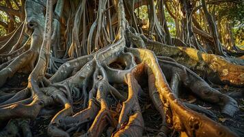 A network of thick, gnarled tree roots spread out across the ground, lit by the warm glow of the setting sun. photo