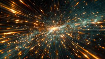 Abstract background of bright light streaks and particles exploding outwards from a central point on a dark background. photo