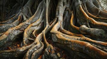 A close-up of large, gnarled tree roots, showing the intricate pattern of nature. photo