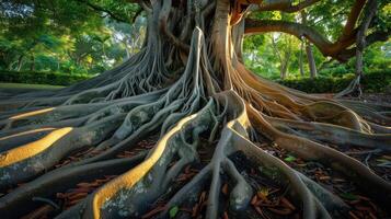 A close-up view of the intricate root system of a large tree, showcasing the strength and beauty of nature. The roots spread out like a network of veins, connecting the tree to the earth. Sunlight filters through the leaves, casting shadows on the ground. photo