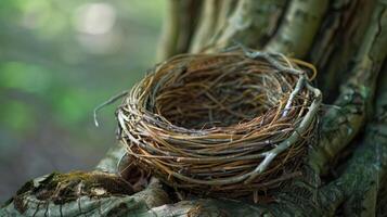 A woven bird nest sits empty in a tree, awaiting its occupants. photo