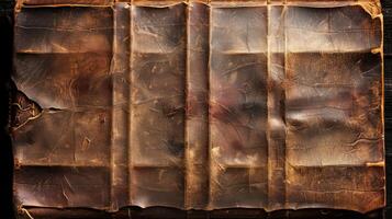 Close-up of an aged leather-bound book with visible wear and tear, showcasing its history and character. photo