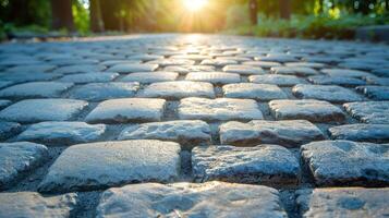 A cobblestone path leading towards the sun, casting a warm glow on the stones. photo