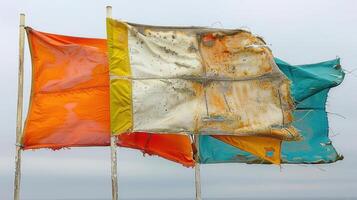 Three weathered flags flutter in the wind, their colors faded and torn, symbolizing the passage of time and the resilience of nature. photo