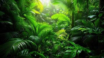 Lush green jungle with sunlight filtering through the canopy. photo