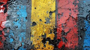 Abstract texture with yellow, blue, red, and black paint stripes on a cracked asphalt surface. photo