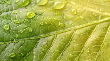 Close-up of a green leaf with water droplets. photo