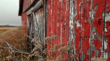 A weathered red barn with peeling paint stands in a field of tall grass. photo